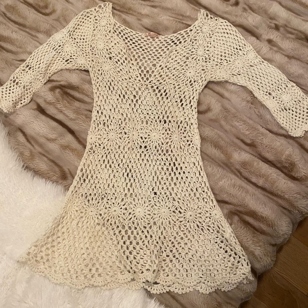 Coachella Bohemian Gypsy Cream Crochet Knit Dress